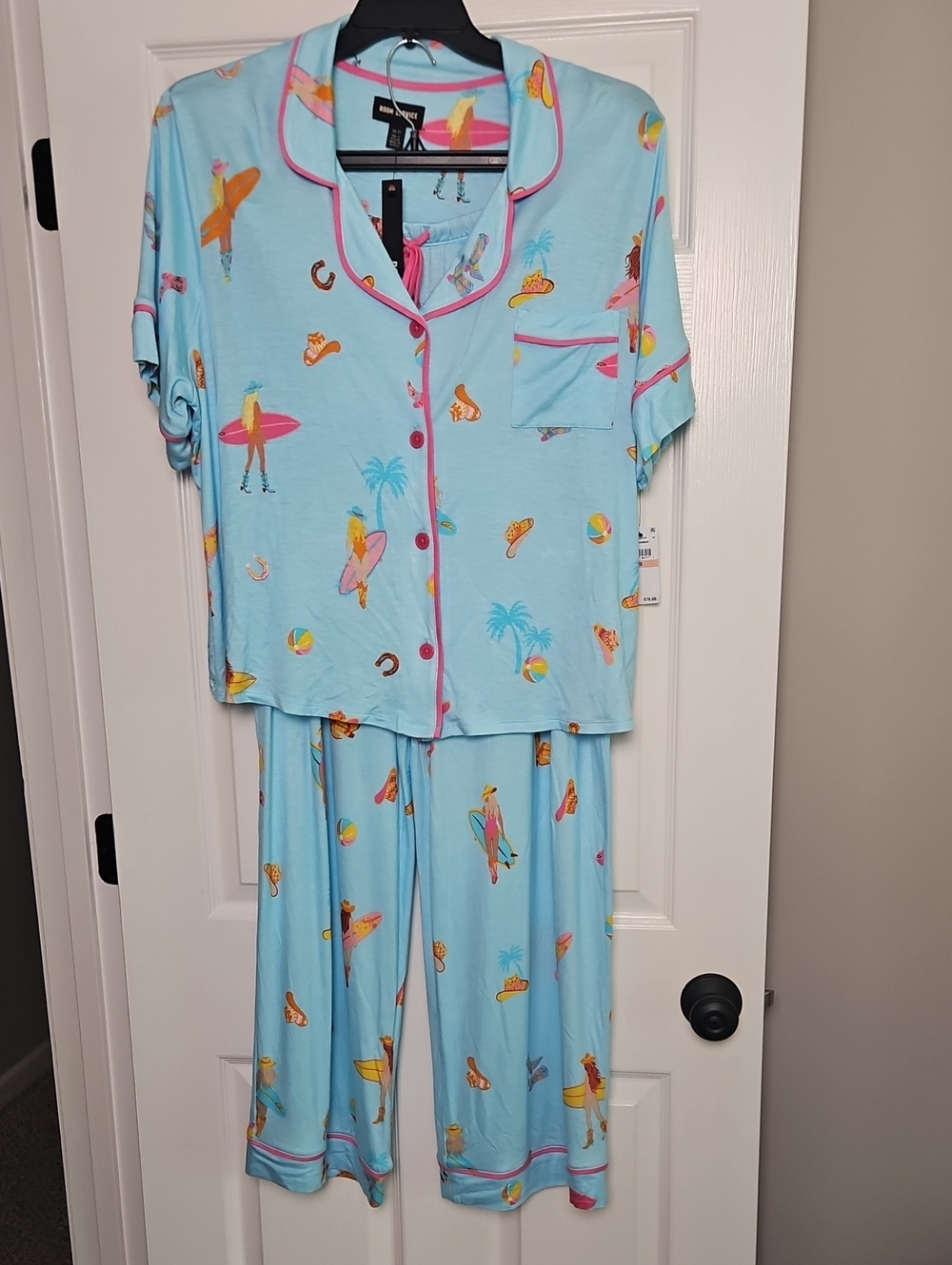 Room Service Short Sleeve Button Front Top/Pant PJ Set; Aqua Surf/Cowgirl: 2X